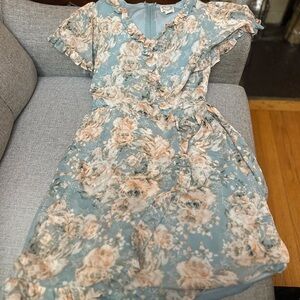 Blue Rain Floral Blue and Tan Dress